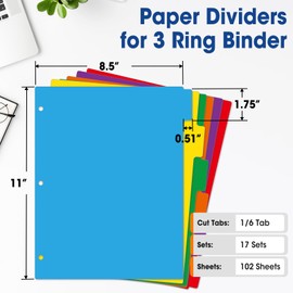 102 Pcs Colored Binder Dividers with Tabs, 1/6 Cut Tabs, Dividers for 3 Ring Binder, Blank Write On Binder Dividers in 6 Tab Sets, Letter Size, 102 Dividers, 17 Sets, Multicolor