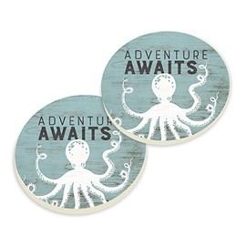 Adventure Awaits Octopus Teal Wood Distressed 2.75 x 2.75 Absorbent Ceramic Car Coasters Pack of 2