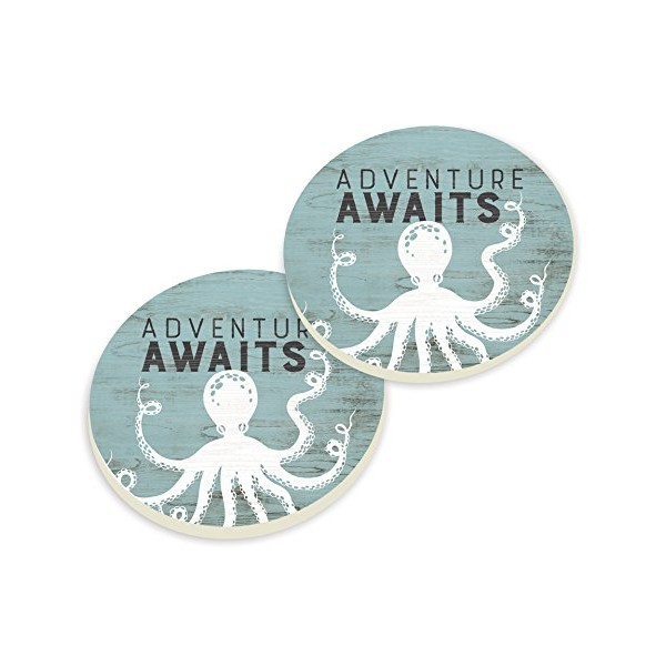 Adventure Awaits Octopus Teal Wood Distressed 2.75 x 2.75 Absorbent