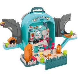 OLEOCA Pet Hospital Backpack Toy — 3 in 1 Portable Veterinarian Playset for Kids with Cat Figurine, Grooming Table, Pet Clinic & Accessories, Carry Case & Pretend Kit Ages 3+