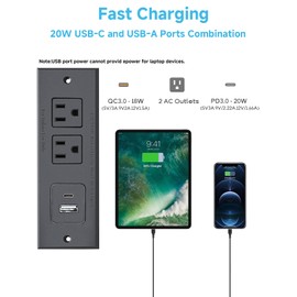 QFP Recessed Power Strip with 20W USB C Port, Fast Charging USB A Port Desk Outlet, Furniture Hidden Charging Station for Side Table, End Table, with 2M (6.56 FT) Extension Cord