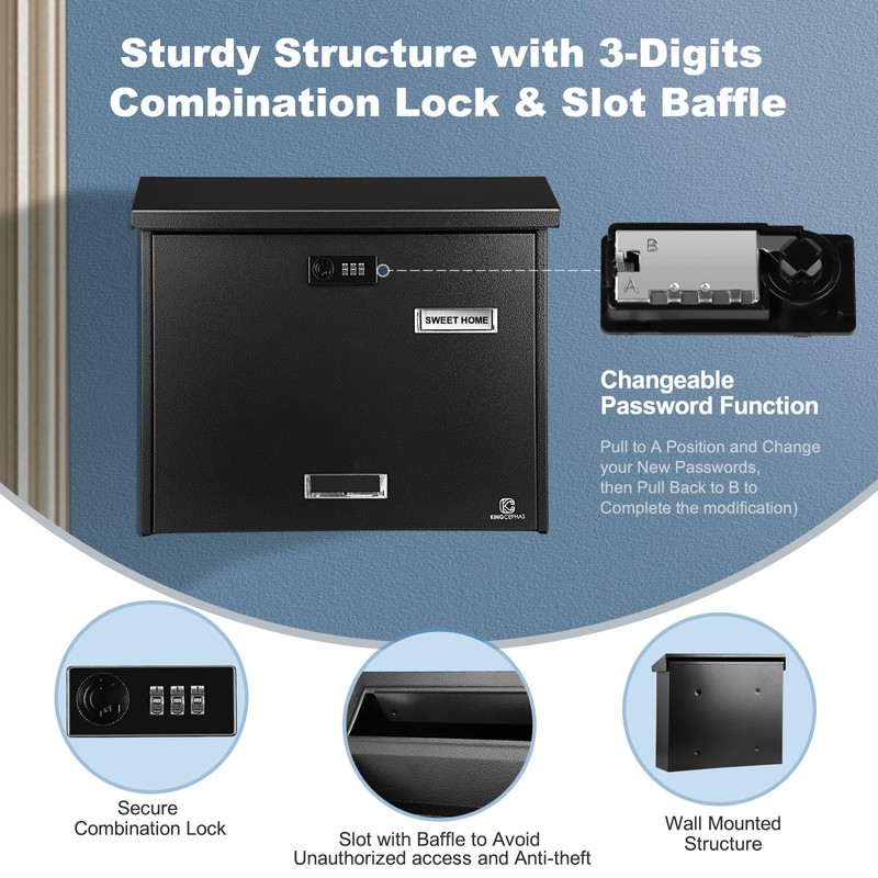 KINGCEPHAS Wall-Mounted Mailbox with Combination Lock, Large Capacity, Wall Mount