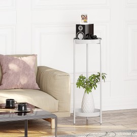 Metal White Tall Plant Stand Indoor or Outdoor - 30 inch 2 Tier Pedestal Plant Table, Modern Corner Planter Shelf Rack with 2 Removable Display Shelves (10 inch) for Bedroom Living Room Balcony.