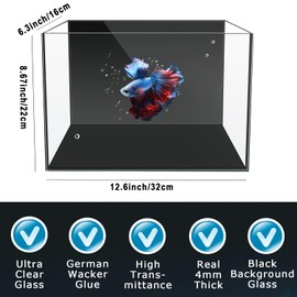 iPriro 3 Gallon 12.6” L Fish Nano Glass Aquarium, with Separator Plate for Betta, Multi-Functional Square Fish Tank with Filter, LED Light, Black 4mm Glass