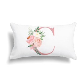 Alphabet Decorative Pillow Covers 12x20 Inch Pink Letter C Pillow Covers Floral Initial Throw Pillow Covers Soft White Velvet Square Cushion Covers Pillow Cases Home Couch Sofa Cushion Cases (C)