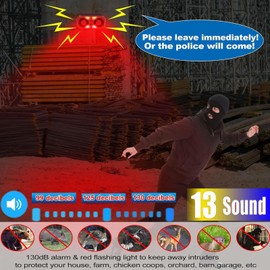 Solar Motion Sensor Alarm with 13 Sounds, KINGCOO 130 dB Dual Speaker Shooting Sounds Dog Barking Sound Recording Warning Safety Strobe Light for Outdoor Farm Yard Orchard Barn (1 Piece)