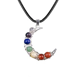7 Chakra Crystal Healing Stone Crystal Moon Necklace,Wire Wrapped Healing Crystal Necklace Natural Resin Reiki Chakra Necklace for Women Creative Birthday Gift/Energy Gift (Round, Stainless Steel)