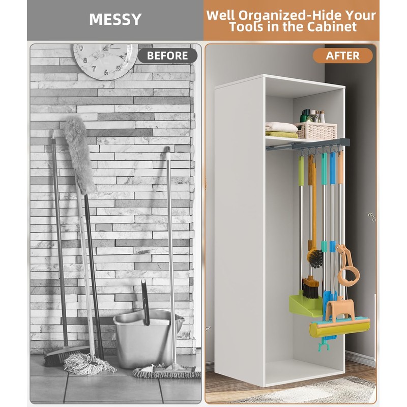 Pull Out Broom Holder, Multifunctional Slide Broom And Mop Storage/Organizer