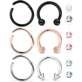 VF VFUN 16G Stainless Steel Septum Nose Rings with Interchangeable Sequin Balls Hinged Clicker Horseshoe Cartilage Helix Conch Earring for Women Men 8mm