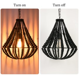 ANKARL Boho Light Fixtures, Wood Beaded Chandelier, Farmhouse Pendant Light, 1-Light, Black Ceiling Hanging Light for Bedroom, Living Room, Dining Room, Kitchen, Hallway, 16.5"