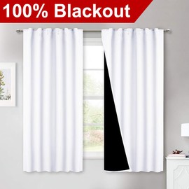 NICETOWN 100% Blackout Window Curtain Panels, Cold and Full Light Blocking Drapes with Black Liner, 54 Inches Drop Thermal Insulated Draperies for Kitchen (White, 2 Pieces, 52 inches Wide Each Panel)