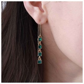Cimenexe Bohemian Emerald Tassel Chain Earrings Gold Emerald Chain Threader Earrings Emerald Square Drop Earrings Green Crystal Chain Dangle Earrings Emerald Chain Pull Through Earrings Jewelry