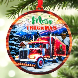 Trucker Christmas Ornament – 2-Layer Wood & Acrylic Semi-Truck Ornament for Drivers – Laser-Cut Semi-Truck Ornament for Christmas Tree – Gifts for Truck Drivers – 2024 Holiday Home Decor