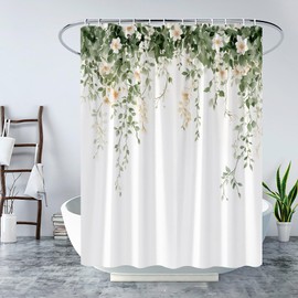 Leaves Floral Shower Curtain Watercolor Sage Green Eucalyptus Leaves Beige Flower Modern Botanical Rustic Spring Hanging Vine Plant Country Fabric Bathroom Curtain with Hook