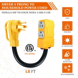 Kanayu 1.8 FT 30 to 20 Amp 110V Dryer Distribution Adapter Compatible with NEMA 14-30P to NEMA 4X 5-20R/ 5-15R, 3 Prong Dryer Wall Socket to Four Household Outlet with 20 Amp Circuit Breaker