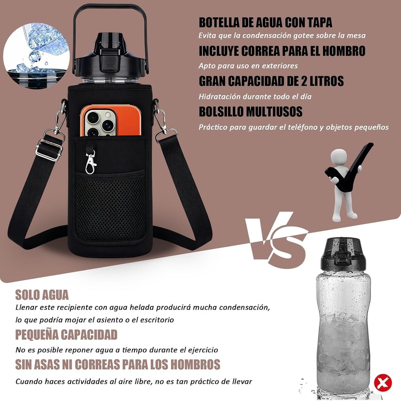 Botella de Agua Deportiva 2L para Gimnasio con Funda y