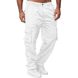 HUNGSON Mens Casual Cargo Pants - Sweatpants Joggers Athletic Pants Cotton Loose Straight Hiking Pants for Men White