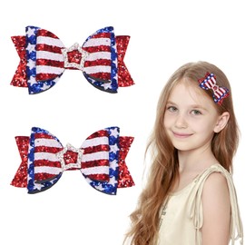 4th of July Hair Bow Clips Independence Day Hair Clips Glitter Bows for Girls Patriotic American Flag Bow Clip Red White and Blue Barrettes with Star for Women Kids 4th of July Hair Accessories 1Pcs