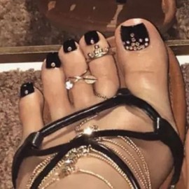 Black Rhinestones Toenails Press On Toenails Short Square Toe Nail Press on Nail Kit Full Cover Glue On Fake Toe Nails Acrylic Stick on Toenails French Tip for Women Girls 24Pcs