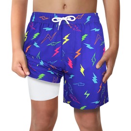 LUCOWEE Traje de baño para niños con forro calzones de compresión antirozaduras, pantalones cortos de natación elásticos UPF de secado rápido, Lightning Flash, X-Large