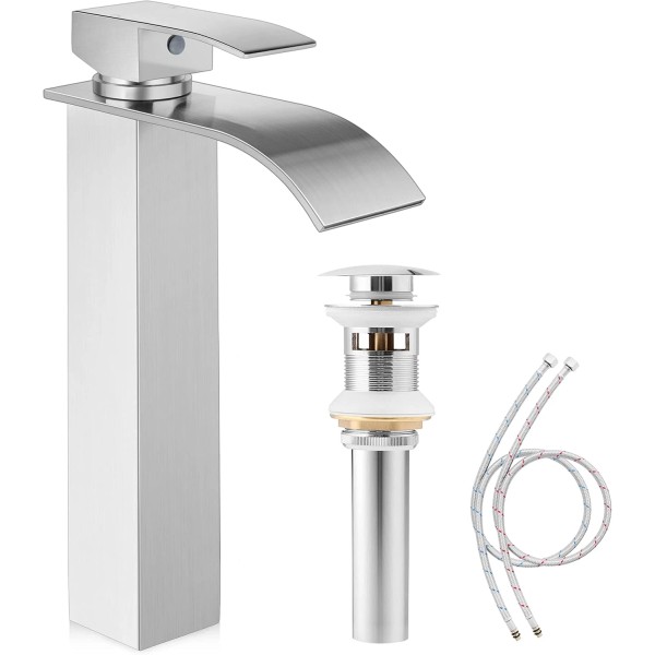 Herogo Vessel Sink Faucet Brushed Nickel Stainless Steel Waterfall Spout