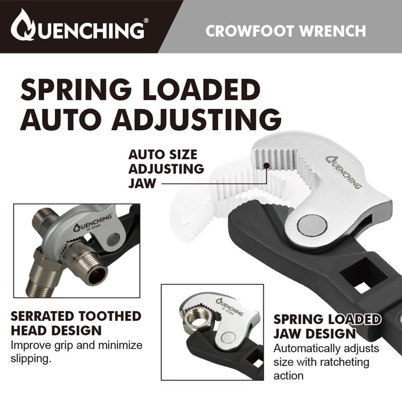 QUENCHING 3-Pcs Spring Loaded Auto-Adjusting Crowfoot Wrench Set, Covers Sizes