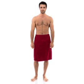 TowelSelections Men's Wrap Adjustable Cotton Fleece Shower Bath Gym Cover Up Small/Medium Deep Claret