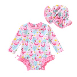 Infant Baby Swimsuit Girl Long Sleeve UPF 50+ Sun Protection One-Piece Rash Guard with Hat Zipper Bathing Suit (Flamingo,18-24 Months)