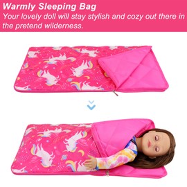 Ecore Fun 9 Items18 inch Girl Unicorn Dolls Camping Tent Set and Accessories Including 18 Inch Doll Tent, Sleeping Bag, Clothes, Backpack, Toy Camera, Glasses and Toy Phone etc