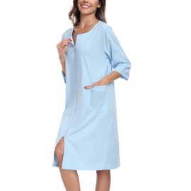 ANLIQI Womens Robes Knee Length 100% Cotton Bathrobes for Woman Soft&Lightweight Housecoats Zipper Bath Robes with Pockets(Light Blue,M)