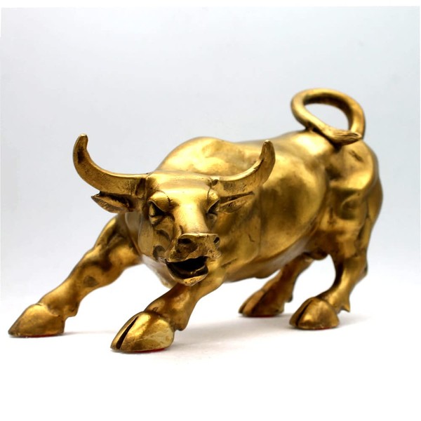 Lizipai Feng Shui Fortune Brass Street Bull Statue, Sculpture Home Decoration Golden Copper Bull Represents Good Luck of Career and Wealth