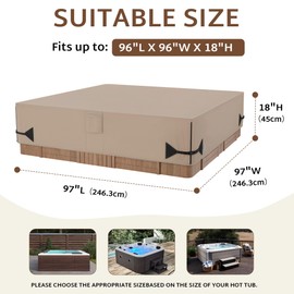 iBirdie Outdoor Waterproof and Weatherproof Hot Tub Cover 97 x 97 inch fit 96 x 96 or 95 x 95 Square SPA 600D Heavy Duty Cover Protectors Protective Cap, Brown