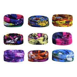 Scott Edward 9pcs Headbands Headwear elástico Magia Bufanda Bandana Bandas de Deportes Yoga sin Costuras Camuflaje, Color de la Flor, Color Multi-Solid, para los Hombres y Las Mujeres (Arte)