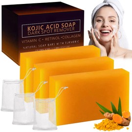 3PCS Turmeric Soap Bar, Kojic Acid Soap, Pure Natural Handmade Bar for Face & Body, Dark Spot Remover for Even Skin Tone, Moisturizing Vitamins C Soap with Foaming Nets, Deep Cleansing & Smooth Skin