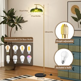 EIDISUNY Gold Floor Lamp for Living Room, Modern Standing Lamp with Remote, Dimmable, 3CCT, Arc Tall Floor Lamp with Green Glass Lampshade for Bedroom Study Room Office (Bulb Included)