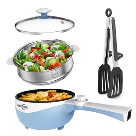 Audecook Hot Pot Electric with Steamer, 1.7L Mini Electric Skillet Portable Nonstick Sauté Pan with Power Adjustment, Ramen Cooker Travel Multicooker for Steak/Soup/Egg/Oatmeal/Noodles