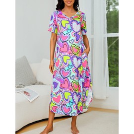 Marvmys Women Raglan Sleeve Full Length Nightshirt Short Sleeve Floral Print Long Nightgown(Pink,X-Large)