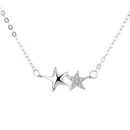 IMINI Double Starfish Crystal Pendant Necklace for Women Girsl 925 Sterling Silver Dainty CZ Lucky Star Pendant Choker Adjustable Link Chain Necklace Delicate Birthday Jewelry Gifts Daughter Bff 18"
