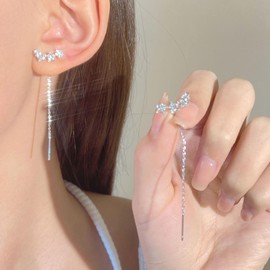 Inateannal Vintage Star Threader Drop Earring Crystal Star Ear Climber Earrings Silver Bar Threader Chain Earrings Rhinestone Star Tassel Earrings Jewelry for Women and Girls