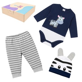 Conjunto Cebra Ropa De Bebé 0 A 3 Meses Con Gorrito Pañalero Y Pantalón Unisex Niño y Niña Ropa Casual Primavera (Azul Marino, 3 meses)