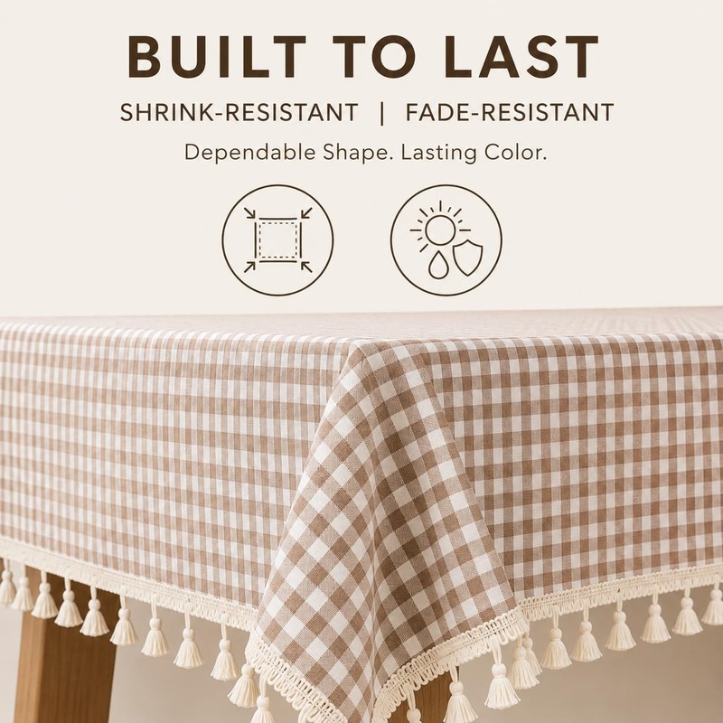 Coffee Gingham Tablecloth, Linen Farmhouse Tablecloth with Tassel, 60x84 In