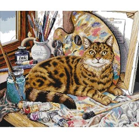 arione Cross Stitch Kits for Adults Beginners Pre Printed Stamped Cross Stitch Kit Embroidery Tapestry Kit Cat 54 x 48 cm. (Cat in Art Studio)