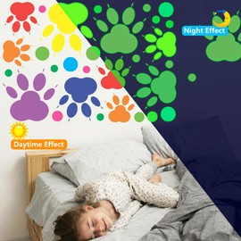 Glow in The Dark Paw Print Stickers, 128 PCS Luminous Colorful Dog Paws Wall Decals for Kids' Bedroom, Nursery, Playroom & Party Room Decor