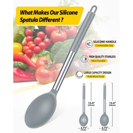 Pack of 2 Large Silicone Cooking Spoons,Non Stick Solid Basting Spoon,Heat-Resistant Kitchen Utensils for Mixing,Serving,Draining,Stirring (GREY)