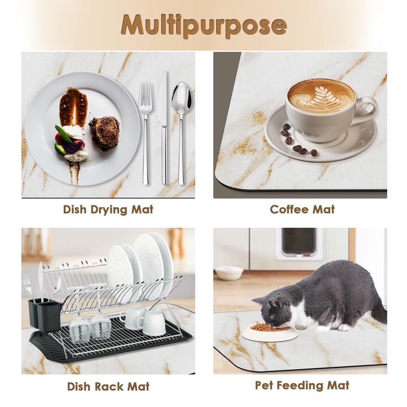 Arttown Coffee Mat for Countertops, Marble White Gold Dish Drying