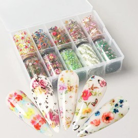 DANNEASY 10 Roll Flower Nail Foil Holographic Nail Foils Starry Sky Transfer Foil Sheets 3D Leaf Daisy Nail Stickers Decal Nail Art Foil for Women DIY Manicure Decoration