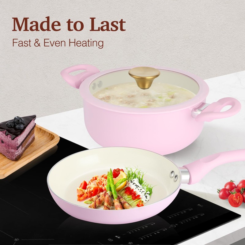 M MELENTA Pots and Pans Set Non Stick, Pink Ceramic