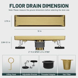 Greenspring 12-Inch Linear Shower Floor Drain, Stainless Steel Bathroom Floor Drains, Rectangular Shower Trench Floor Drain, Hair Strainer, Brushed Gold