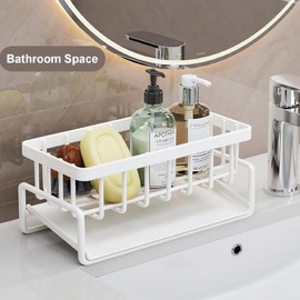 WangCai Stainless Steel Kitchen Sink Caddy, Self-Draining Sponge Holder with Dish Brush & Soap Dispenser Storage with Drip Tray, Rustproof Organizing Tray for Countertop & Bathroom (White-Binocular)