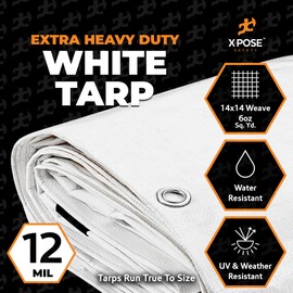 Heavy Duty White Poly Tarp 10' X 20' - Multipurpose Protective Cover - Durable, Waterproof, Weather Proof, Rip and Tear Resistant - Extra Thick 12 Mil Polyethylene - by Xpose Safety